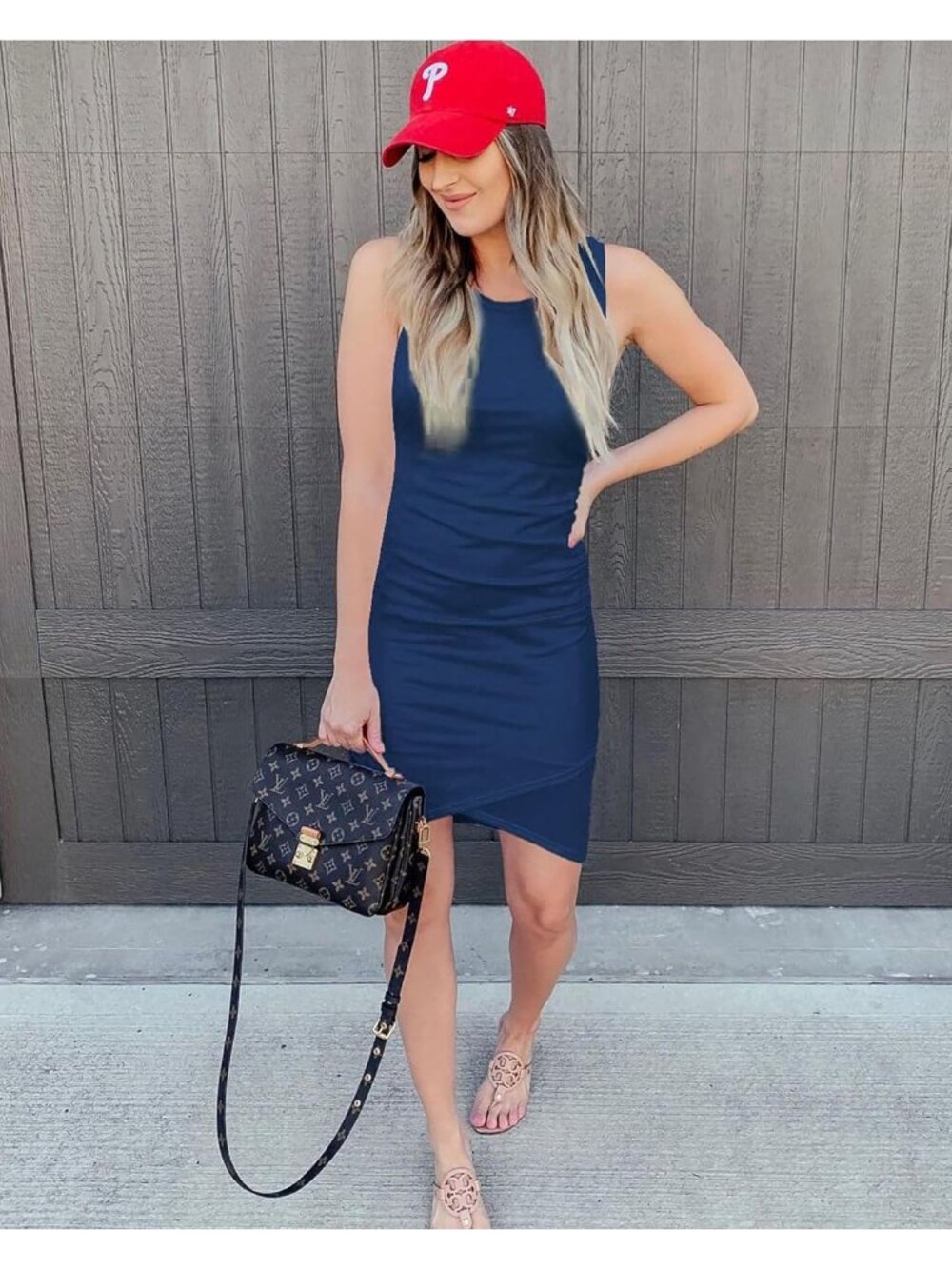 Women's Blue Summer Dresses Sleeveless Tank Ruched Bodycon Sundresses Mini - Picture 2 of 5